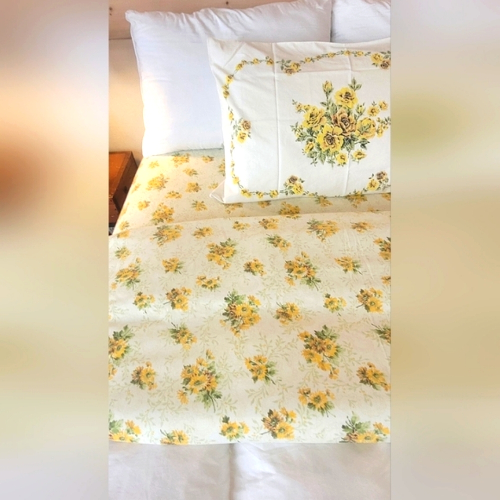 Vintage DBL Sz 3pc Bedding Set. Sunflowers Motif, Sears, 50/50 Blend - Picture 8 of 15
